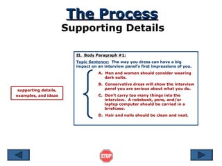 The Process
                       Supporting Details

                         II. Body Paragraph #1:
                         Topic Sentence: The way you dress can have a big
                         impact on an interview panel’s first impressions of you.
                                   A. Men and women should consider wearing
                                      dark suits.
                                   B. Conservative dress will show the interview
 supporting details,                  panel you are serious about what you do.
examples, and ideas                C. Don’t carry too many things into the
                                      interview. A notebook, pens, and/or
                                      laptop computer should be carried in a
                                      briefcase.
                                   D. Hair and nails should be clean and neat.
 