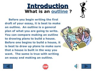 Introduction
             What is an outline ?
   Before you begin writing the first
draft of your essay, it is best to make
an outline. An outline is a general
plan of what you are going to write.
You can compare making an outline
to drawing plans to build a house.
Before one begins to build a house, it
is best to draw up plans to make sure
that a house is built in the way you
want. The same is true with writing
an essay and making an outline.
 