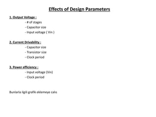 Effects of Design Parameters
1. Output Voltage :
- # of stages
- Capacitor size
- Input voltage ( Vin )
2. Current Drivability :
- Capacitor size
- Transistor size
- Clock period
3. Power efficiency :
- Input voltage (Vin)
- Clock period
Bunlarla ilgili grafik eklemeye calıs
 