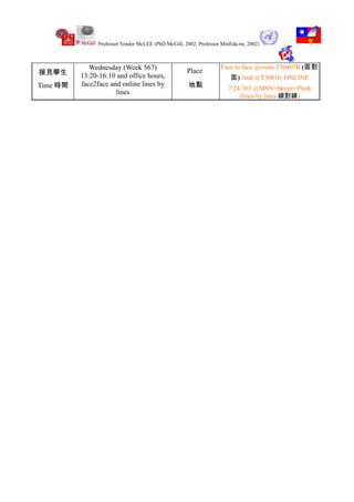Professor Yender McLEE (PhD McGill, 2002; Professor MinEdu.tw, 2002)



             Wednesday (Week 567)                    Place
                                                                   Face to face @room T30407B (面對
接見學生      13:20-16:10 and office hours,                                面) And @T30810; ONLINE
Time 時間   face2face and online lines by               地點              7/24/365 @MSN+Skype+Plurk
                      lines
                                                                          (lines by lines 線對線)
 
