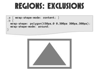 regions



       Spec: http://dev.w3.org/csswg/css3-regions/
Prototype: http://labs.adobe.com/technologies/cssregions/

 ...