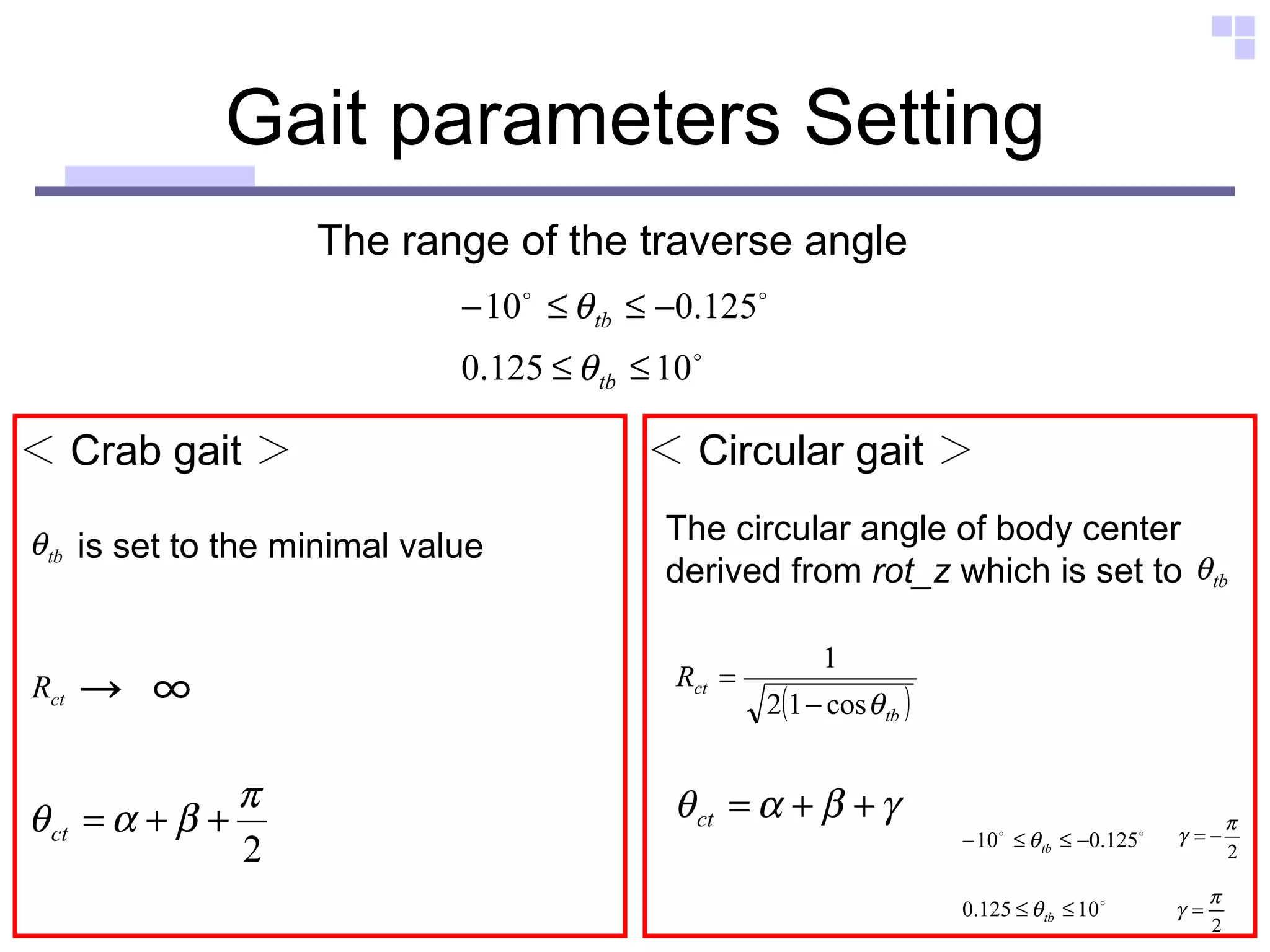 Gait parameters Setting The range of the traverse angle ＜ Crab gait ＞ ＜ Circular gait ＞ 　 -> ∞ is set to the minimal value The circular angle of body center  derived from  rot_z  which is set to  