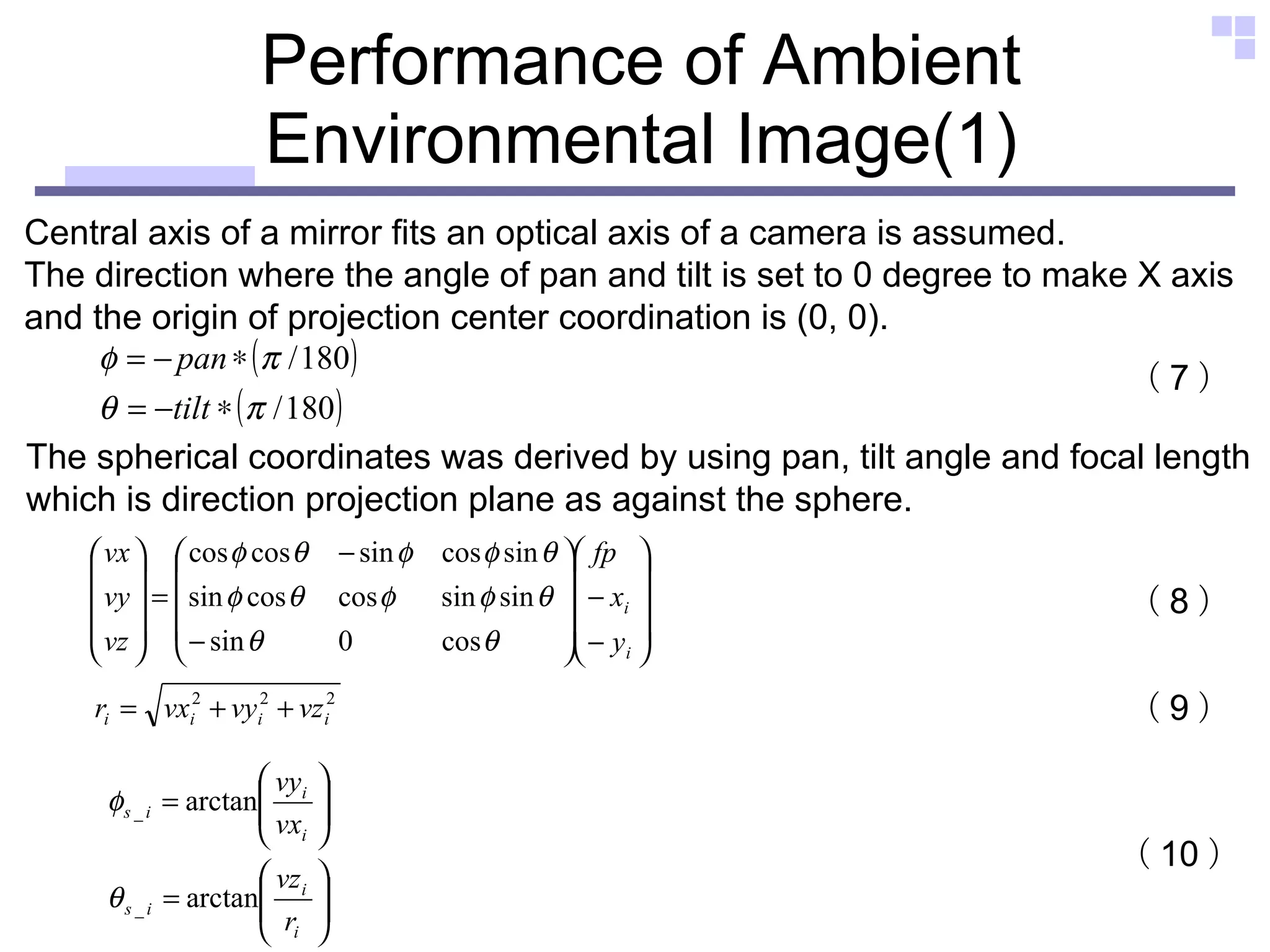 Performance of Ambient Environmental Image(1) Central axis of a mirror fits an optical axis of a camera is assumed.  The direction where the angle of pan and tilt is set to 0 degree to make X axis and the origin of projection center coordination is (0, 0).  （ 7 ） The spherical coordinates was derived by using pan, tilt angle and focal length  which is direction projection plane as against the sphere.  （ 8 ） （ 9 ） （ 10 ） 