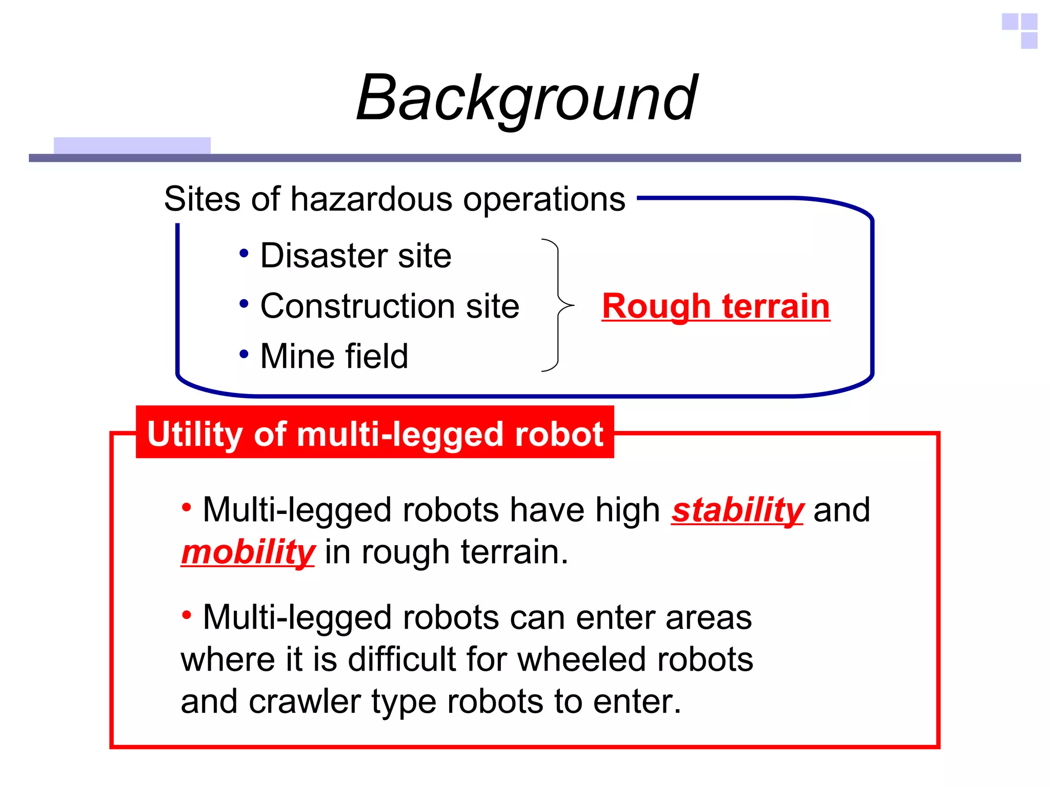 Background Utility of multi-legged robot Disaster site Construction site Mine field Rough terrain Multi-legged robots have high  stability  and  mobility  in rough terrain.  Sites of hazardous operations Multi-legged robots can enter areas  where it is difficult for wheeled robots  and crawler type robots to enter. 