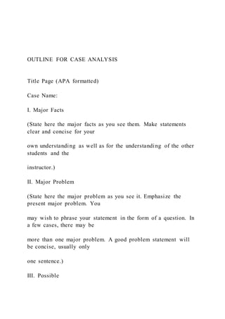 OUTLINE FOR CASE ANALYSIS
Title Page (APA formatted)
Case Name:
I. Major Facts
(State here the major facts as you see them. Make statements
clear and concise for your
own understanding as well as for the understanding of the other
students and the
instructor.)
II. Major Problem
(State here the major problem as you see it. Emphasize the
present major problem. You
may wish to phrase your statement in the form of a question. In
a few cases, there may be
more than one major problem. A good problem statement will
be concise, usually only
one sentence.)
III. Possible
 