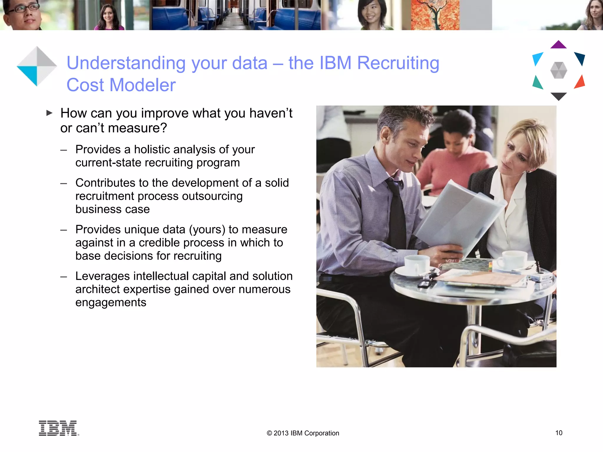 © 2013 IBM Corporation 10
Understanding your data – the IBM Recruiting
Cost Modeler
► How can you improve what you haven’t
or can’t measure?
– Provides a holistic analysis of your
current-state recruiting program
– Contributes to the development of a solid
recruitment process outsourcing
business case
– Provides unique data (yours) to measure
against in a credible process in which to
base decisions for recruiting
– Leverages intellectual capital and solution
architect expertise gained over numerous
engagements
 