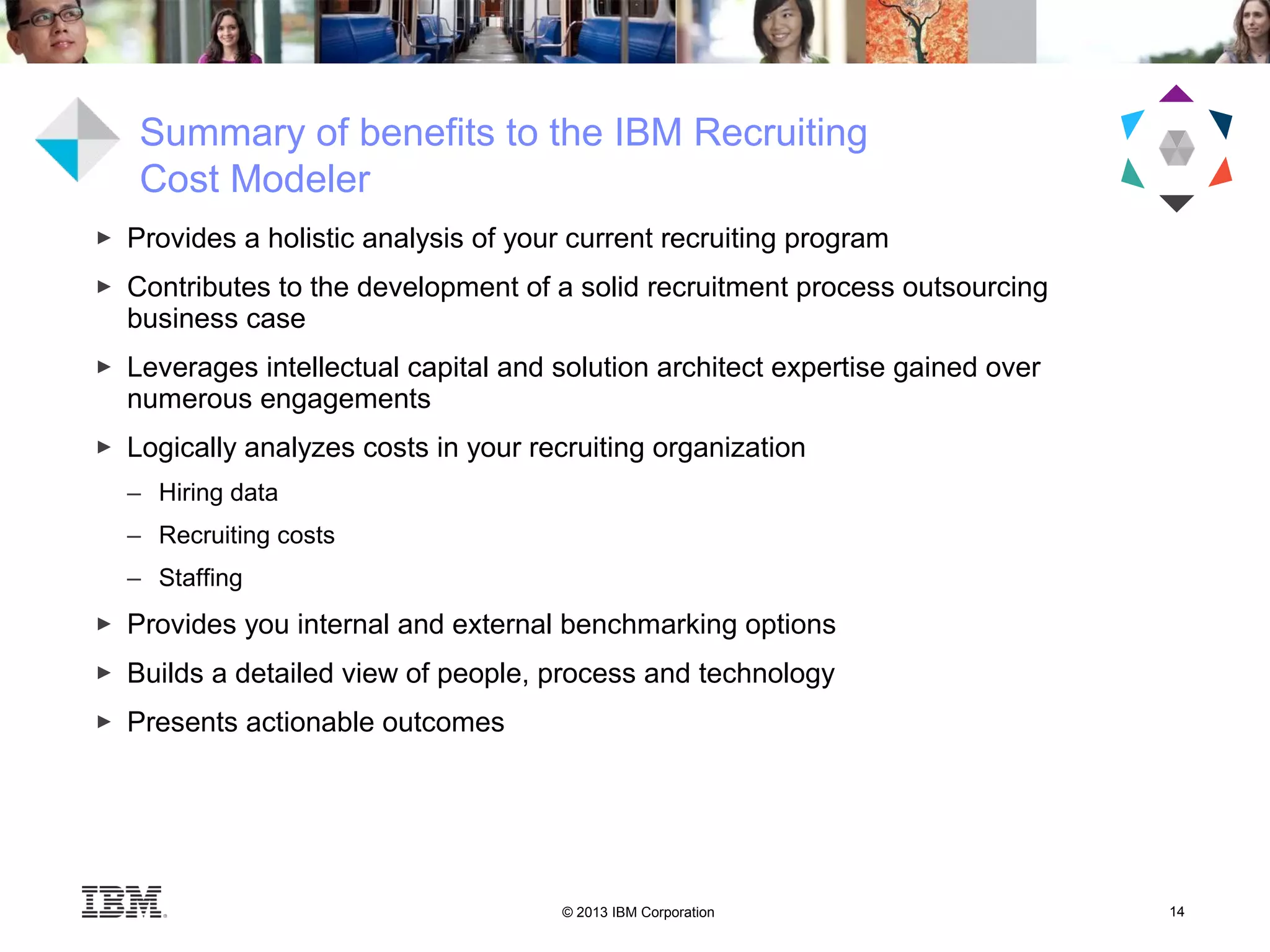 © 2013 IBM Corporation 14
Summary of benefits to the IBM Recruiting
Cost Modeler
► Provides a holistic analysis of your current recruiting program
► Contributes to the development of a solid recruitment process outsourcing
business case
► Leverages intellectual capital and solution architect expertise gained over
numerous engagements
► Logically analyzes costs in your recruiting organization
– Hiring data
– Recruiting costs
– Staffing
► Provides you internal and external benchmarking options
► Builds a detailed view of people, process and technology
► Presents actionable outcomes
 
