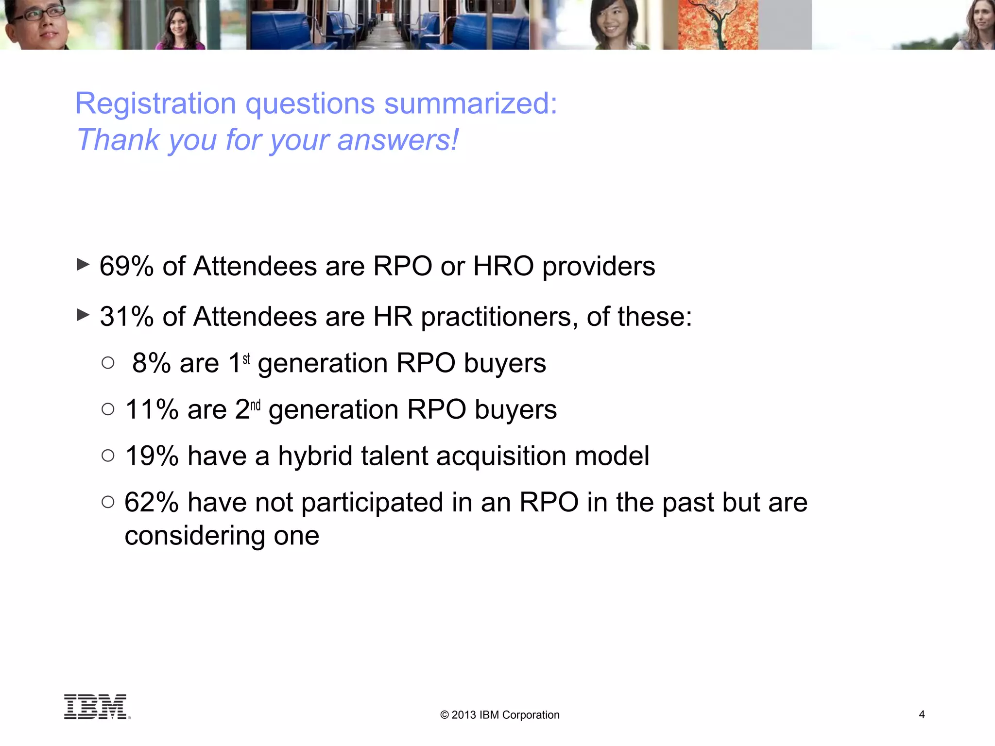 © 2013 IBM Corporation 4
Registration questions summarized:
Thank you for your answers!
► 69% of Attendees are RPO or HRO providers
► 31% of Attendees are HR practitioners, of these:
o 8% are 1st
generation RPO buyers
o 11% are 2nd
generation RPO buyers
o 19% have a hybrid talent acquisition model
o 62% have not participated in an RPO in the past but are
considering one
 