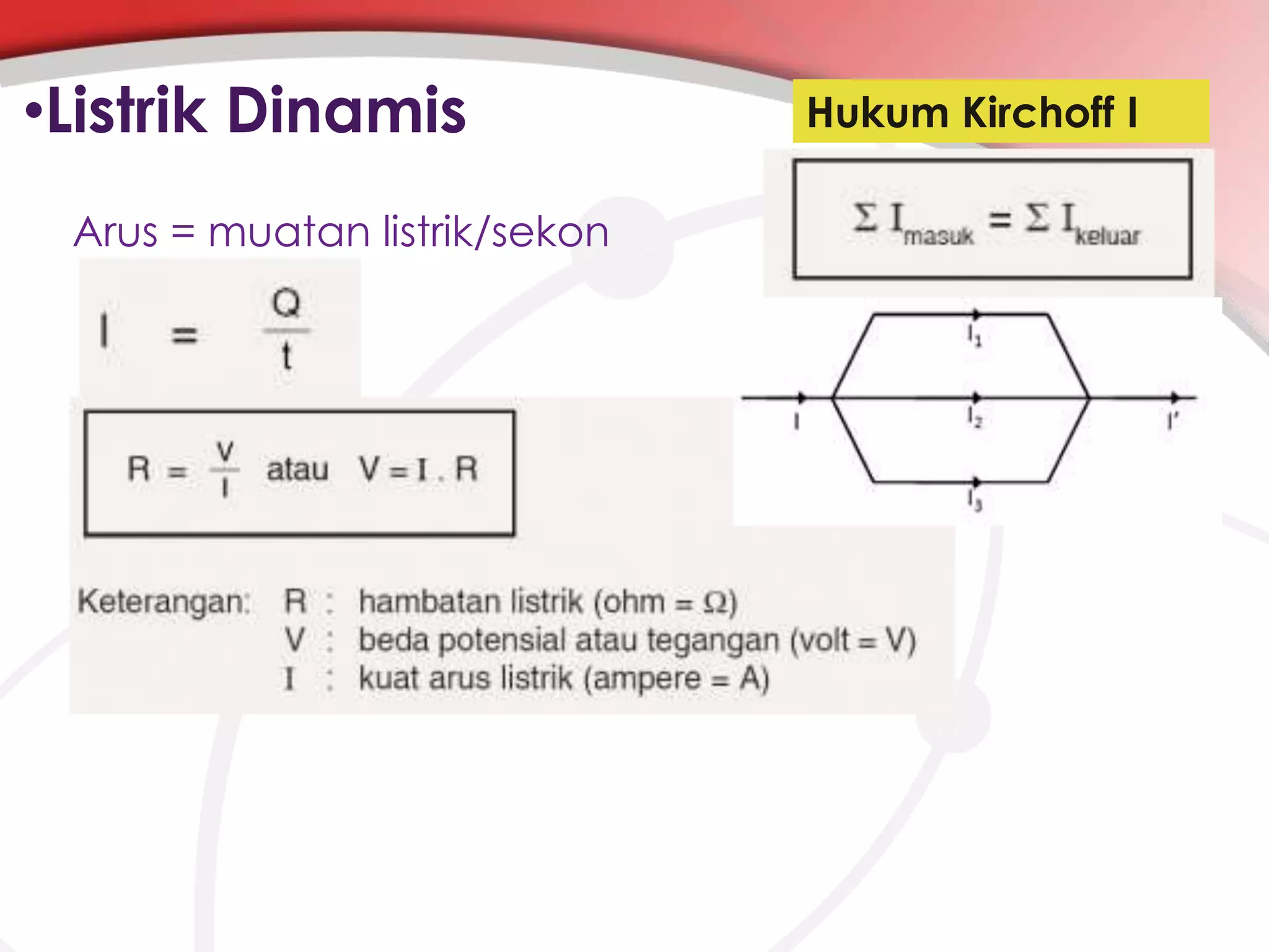 •Listrik Dinamis
Arus = muatan listrik/sekon

Hukum Kirchoff I

 