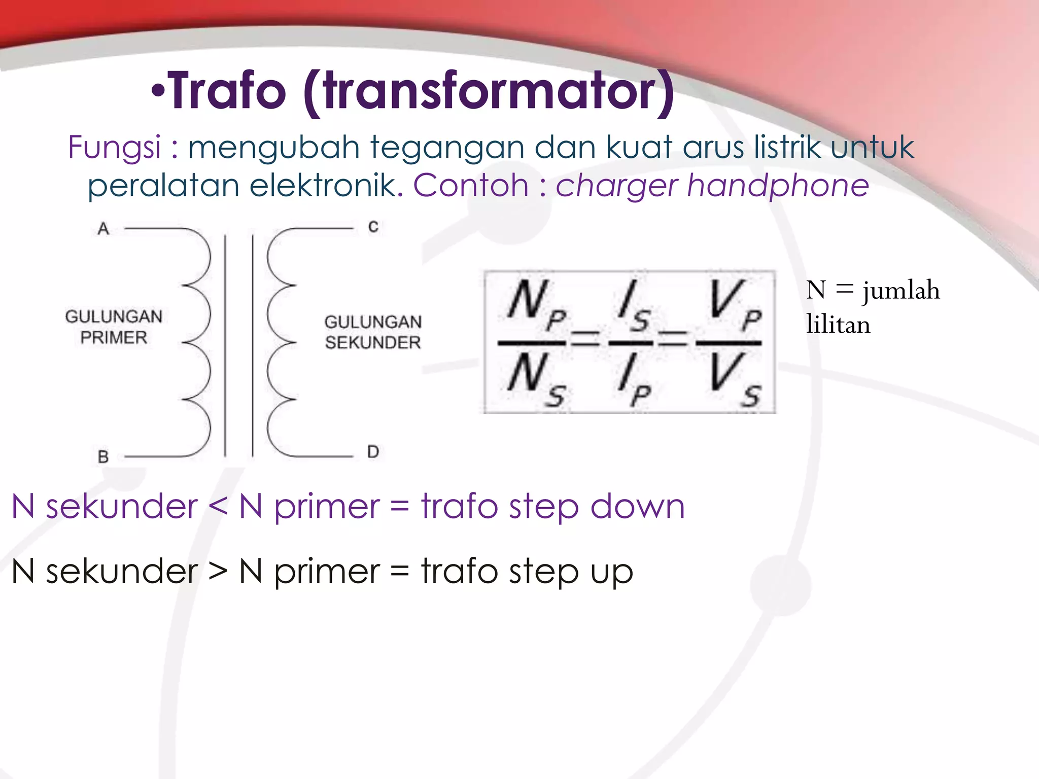 •Trafo (transformator)
Fungsi : mengubah tegangan dan kuat arus listrik untuk
peralatan elektronik. Contoh : charger handphone
N = jumlah
lilitan

N sekunder < N primer = trafo step down

N sekunder > N primer = trafo step up

 