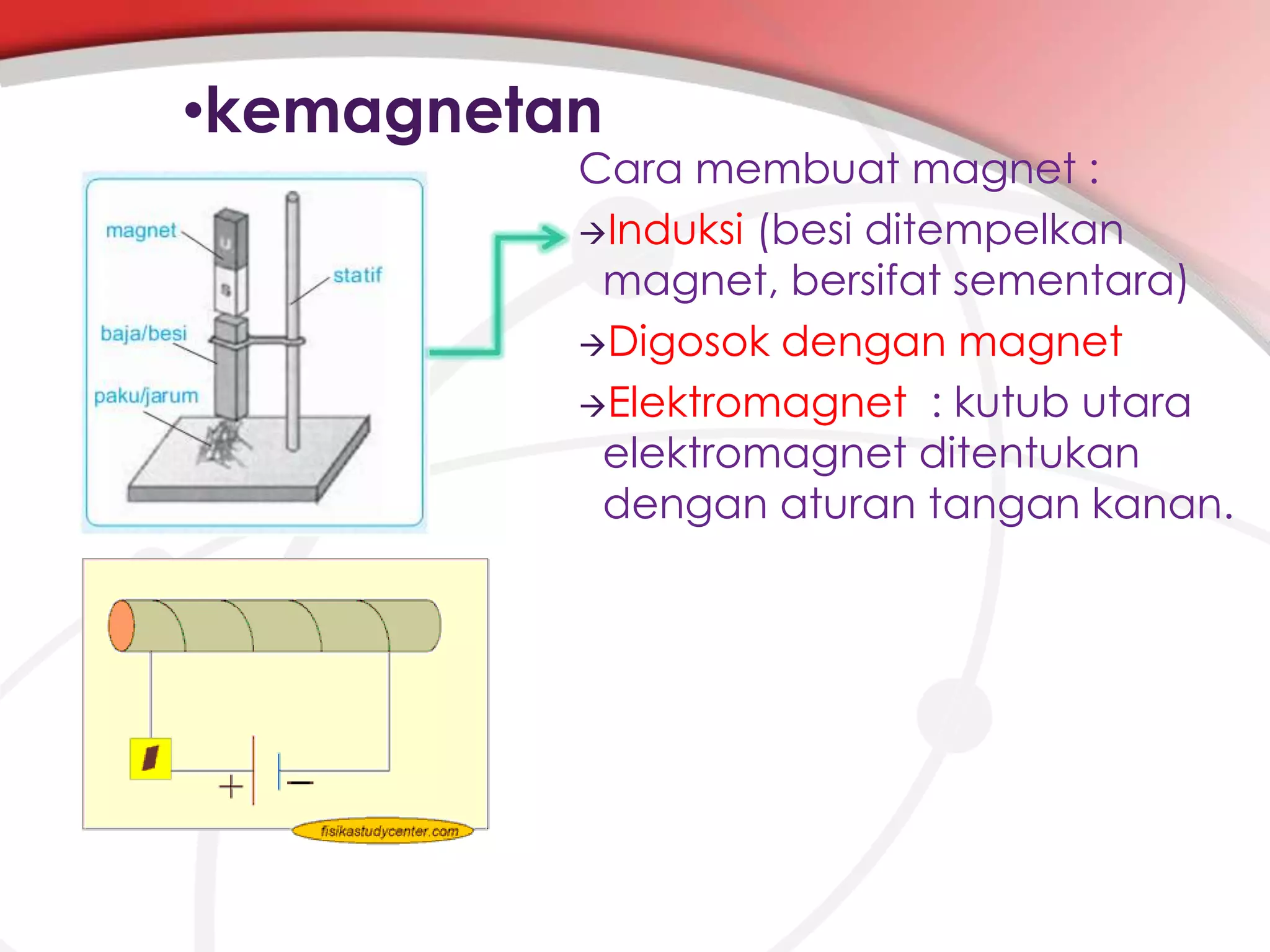 •kemagnetan

Cara membuat magnet :
Induksi (besi ditempelkan
magnet, bersifat sementara)
Digosok dengan magnet
Elektromagnet : kutub utara
elektromagnet ditentukan
dengan aturan tangan kanan.

 