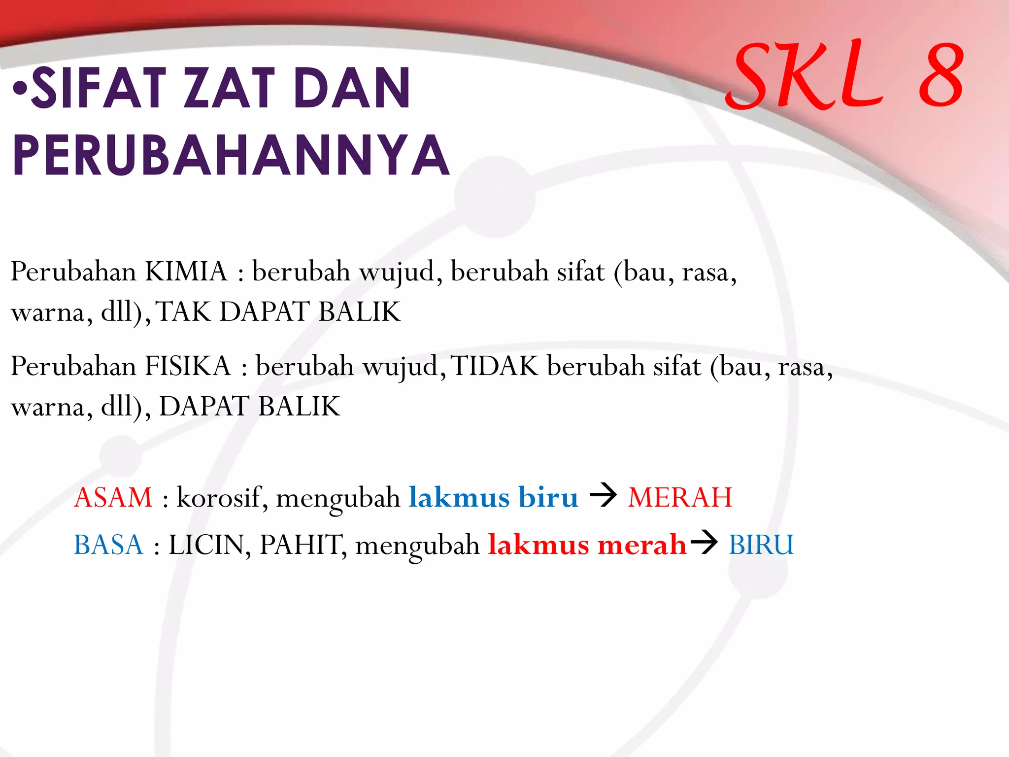 •SIFAT ZAT DAN
PERUBAHANNYA

SKL 8

Perubahan KIMIA : berubah wujud, berubah sifat (bau, rasa,
warna, dll), TAK DAPAT BALIK
Perubahan FISIKA : berubah wujud, TIDAK berubah sifat (bau, rasa,
warna, dll), DAPAT BALIK
ASAM : korosif, mengubah lakmus biru  MERAH
BASA : LICIN, PAHIT, mengubah lakmus merah BIRU

 