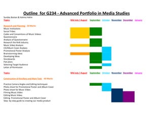 Outline for G234 - Advanced Portfolio in Media Studies
Sundas Bostan & Halima Halim
Topics                                               Mid July / August   September October November December January

Research and Planning - 20 Marks
Music Institutions
Social Tribes
Codes and Conventions of Music Videos
Questionnaire
Analysis of Questionnaire
Research the RnB Industry
Music Video Analysis
CD/Album Cover Analysis
Promotional Poster Analysis
Brainstorming ideas
Developing Ideas
Storyboards
Flat plans                                           .
Selecting Target Audience
Letter of Permission

Topics                                               Mid July / August   September October November December January

Construction of Ancillary and Main Task - 60 Marks

Practice Camera Angles and Editing techniques
Photo shoot for Promotional Poster and Album Cover
Photo shoot for Music Video
Filming Music Video
Editing Music Video
Editing Promotional Poster and Album Cover
Step -by-step guide to creating our media product
 