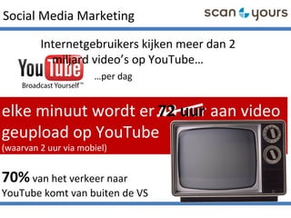 Social Media Marketing
Internetgebruikers kijken meer dan 2
miljard video’s op YouTube…
elke minuut wordt er 48 uur aan video
geupload op YouTube
(waarvan 2 uur via mobiel)
70% van het verkeer naar
YouTube komt van buiten de VS
…per dag
72 uur
 
