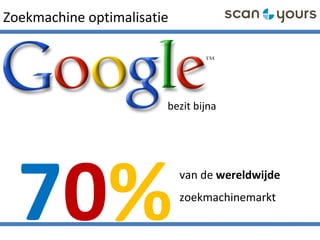 70%
Zoekmachine optimalisatie
bezit bijna
van de wereldwijde
zoekmachinemarkt
 