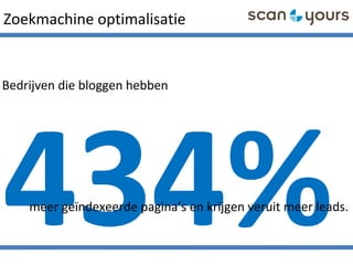 434%
Zoekmachine optimalisatie
Bedrijven die bloggen hebben
meer geïndexeerde pagina’s en krijgen veruit meer leads.
 