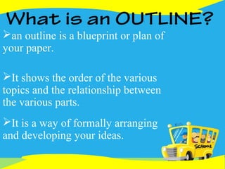 What is an OUTLINE?
an outline is a blueprint or plan of
your paper.
It shows the order of the various
topics and the relationship between
the various parts.
It is a way of formally arranging
and developing your ideas.
 