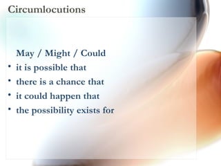 Circumlocutions May / Might / Could  it is possible that  there is a chance that  it could happen that  the possibility exists for 