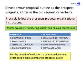 Develop your proposal outline as the prospect
suggests, either in the bid request or verbally.
Precisely follow the prospects proposal organisational
instructions.
 Mirror prospect’s numbering system and naming conventions

   RFQ SECTION               TOPICAL OUTLINE
   1. ORGANISTION OF RFQ     1. ORGANISATION OF PROPOSAL
   2. REQUIREMENTS           2. RESPONSES TO REQUIREMENTS
   3. TERMS AND CONDITIONS   3. TERMS AND CONSDITIONS
   4. EVALUATION FACTORS     4. COMPLIANCE MATRIX


   For the benefit of evaluators, a common document
   organisation makes comparing proposals easier.
 