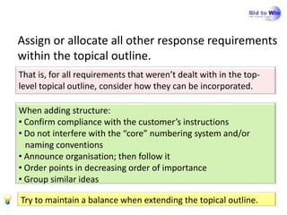 Assign or allocate all other response requirements
within the topical outline.
That is, for all requirements that weren’t dealt with in the top-
level topical outline, consider how they can be incorporated.

When adding structure:
• Confirm compliance with the customer’s instructions
• Do not interfere with the “core” numbering system and/or
  naming conventions
• Announce organisation; then follow it
• Order points in decreasing order of importance
• Group similar ideas

Try to maintain a balance when extending the topical outline.
 