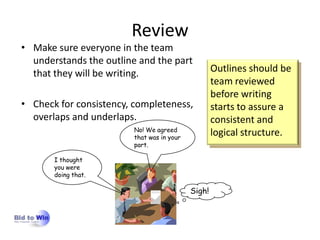 Review
• Make sure everyone in the team
  understands the outline and the part
  that they will be writing.                        Outlines should be
                                                    team reviewed
                                                    before writing
• Check for consistency, completeness,              starts to assure a
  overlaps and underlaps.                           consistent and
                         No! We agreed
                         that was in your
                                                    logical structure.
                         part.

       I thought
       you were
       doing that.

                                            Sigh!
 