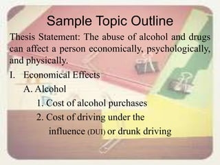 Sample Topic Outline
Thesis Statement: The abuse of alcohol and drugs
can affect a person economically, psychologically,
and physically.
I. Economical Effects
A. Alcohol
1. Cost of alcohol purchases
2. Cost of driving under the
influence (DUI) or drunk driving
 