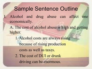 Sample Sentence Outline
I. Alcohol and drug abuse can affect one
economically.
A. The cost of alcohol abuse is high and getting
higher.
1. Alcohol costs are always rising
because of rising production
costs as well as taxes.
2. The cost of DUI or drunk
driving can be enormous.
 