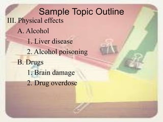 Sample Topic Outline
III. Physical effects
A. Alcohol
1. Liver disease
2. Alcohol poisoning
B. Drugs
1. Brain damage
2. Drug overdose
 