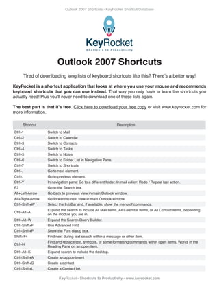 Outlook 2007 Shortcuts - KeyRocket Shortcut Database




                           Outlook 2007 Shortcuts
         Tired of downloading long lists of keyboard shortcuts like this? There’s a better way!

KeyRocket is a shortcut application that looks at where you use your mouse and recommends
keyboard shortcuts that you can use instead. That way you only have to learn the shortcuts you
actually need! Plus you’ll never need to download one of these lists again.

The best part is that it’s free. Click here to download your free copy or visit www.keyrocket.com for
more information.

     Shortcut                                                     Description

Ctrl+1               Switch to Mail
Ctrl+2               Switch to Calendar
Ctrl+3               Switch to Contacts
Ctrl+4               Switch to Tasks
Ctrl+5               Switch to Notes
Ctrl+6               Switch to Folder List in Navigation Pane.
Ctrl+7               Switch to Shortcuts
Ctrl+.               Go to next element.
Ctrl+,               Go to previous element.
Ctrl+Y               In navigation pane: Go to a different folder. In mail editor: Redo / Repeat last action.
F3                   Go to the Search box.
Alt+Left-Arrow       Go back to previous view in main Outlook window.
Alt+Right-Arrow      Go forward to next view in main Outlook window.
Ctrl+Shift+W         Select the InfoBar and, if available, show the menu of commands.
                     Expand the search to include All Mail Items, All Calendar Items, or All Contact Items, depending
Ctrl+Alt+A
                     on the module you are in.
Ctrl+Alt+W           Expand the Search Query Builder.
Ctrl+Shift+F         Use Advanced Find
Ctrl+Shift+P         Show the Font dialog box.
Shift+F4             Find next during text search within a message or other item.
                     Find and replace text, symbols, or some formatting commands within open items. Works in the
Ctrl+H
                     Reading Pane on an open item.
Ctrl+Alt+K           Expand search to include the desktop.
Ctrl+Shift+A         Create an appointment
Ctrl+Shift+C         Create a contact
Ctrl+Shift+L         Create a Contact list.

                            KeyRocket - Shortcuts to Productivity - www.keyrocket.com
 