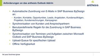  Automatische Zuordnung von E-Mails in SAP Business ByDesign
an:
• Kunden, Kontakte, Opportunities, Leads, Angeboten, Kundenaufträgen,
Projekten, Kundenrechnungen, Kampagnen
 Synchronisation von Kunden und Ansprechpartnern
 Benutzerdefinierte Regeln für die Zuordnung in SAP Business
ByDesign
 Synchronisation von Terminen und Aufgaben zwischen Microsoft
Outlook und SAP Business ByDesign
 Upload-Queue für spezifischen Upload
 Offline Verfügbarkeit
Anforderungen an das anthesis Outlook Add-In
 