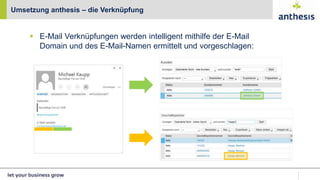  E-Mail Verknüpfungen werden intelligent mithilfe der E-Mail
Domain und des E-Mail-Namen ermittelt und vorgeschlagen:
Umsetzung anthesis – die Verknüpfung
 
