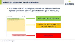  Automatic or manual assigned e-mails will be collected in the
upload-queue and can be uploaded in one go or individually
Anthesis Implementation – the Upload-Queue
E-Mails sorted by company
E-Mails can be uploaded and
adapted individually
Action items
 