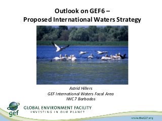 Outlook on GEF6 –
Proposed International Waters Strategy

Astrid Hillers
GEF International Waters Focal Area
IWC 7 Barbados

 