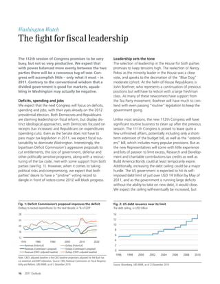 Washington Watch
The ght for scal leadership

The 112th session of Congress promises to be very                                         Leadership sets the tone
busy, but not so very productive. We expect that                                          The selection of leadership in the House for both parties
with power balanced more evenly between the two                                           promises to keep tensions high. The reelection of Nancy
parties there will be a rancorous tug-of-war. Con-                                        Pelosi as the minority leader in the House was a close
gress will accomplish little – only what it must – in                                     vote, and speaks to the decimation of the “Blue Dog”
2011. Contrary to the conventional wisdom that a                                          moderate cohort. At the helm of House Republicans is
divided government is good for markets, squab-                                            John Boehner, who represents a continuation of previous
bling in Washington may actually be negative.                                             positions but will have to reckon with a large freshman
                                                                                          class. As many of these newcomers have support from
DeÎcits, spending and jobs                                                                the Tea Party movement, Boehner will have much to con-
We expect that the next Congress will focus on de cits,                                   tend with even passing “routine” legislation to keep the
spending and jobs, with their eyes already on the 2012                                    government going.
presidential election. Both Democrats and Republicans
are claiming leadership on scal reform, but display dis-                                  Unlike most sessions, the new 112th Congress will have
tinct ideological approaches, with Democrats focused on                                   signi cant routine business to clean up a er the previous
receipts (tax increases) and Republicans on expenditures                                  session. The 111th Congress is poised to leave quite a
(spending cuts). Even as the Senate does not have to                                      few un nished a airs, potentially including only a short-
pass major tax legislation in 2011, we expect scal sus-                                   term extension of the budget bill, as well as the “extend-
tainability to dominate Washington. Interestingly, the                                    ers” bill, which includes many popular provisions. But as
bipartisan De cit Commission’s aggressive proposals to                                    the new Representatives will come with little experience
cut entitlements, the size of government, defense and                                     and lots of passion to limit excess, Research and Develop-
other politically sensitive programs, along with a restruc-                               ment and charitable contributions tax credits as well as
turing of the tax code, met with some support from both                                   Build America Bonds could at least temporarily expire.
parties (see Fig. 1). However, when it comes to taking                                    Additionally, increasing the debt ceiling could be a major
political risks and compromising, we expect that both                                     hurdle. The US government is expected to hit its self-
parties’ desire to have a “pristine” voting record to                                     imposed debt limit of just over USD 14 trillion by May of
dangle in front of voters come 2012 will block progress.                                  2011, and as the government is running large de cits
                                                                                          without the ability to take on new debt, it would close.
                                                                                          We expect the ceiling will eventually be increased, but



Fig. 1: DeÎcit Commission’s proposal improves the deÎcit                                  Fig. 2: US debt issuance near its limit
Outlays to exceed expenditures for the next decade, in % of GDP                           The debt ceiling, in USD trillion

28                                                                                        14
24                                                                                        12

20                                                                                        10
                                                                                           8
16
                                                                                           6
12
                                                                                           4
  1970          1980           1990          2000           2010           2020
      Revenues (historical)                   Outlays (historical)                         2
      Revenues (Commission's proposal)        Outlays (Commission's proposal)
                                                                                           0
      Revenues (CBO's adjusted baseline)      Outlays (CBO's adjusted baseline)
                                                                                           1996       1998      2000      2002      2004       2006   2008   2010
Note: CBO’s adjusted baseline is the CBO baseline projections adjusted for the Bush tax
cut extention and AMT indexation. Source: CBO, National Commission on Fiscal Responsi-
bility and Reform, UBS WMR, as of 3 December 2010                                         Source: Bloomberg, UBS WMR, as of 23 November 2010


16    2011 Outlook
 