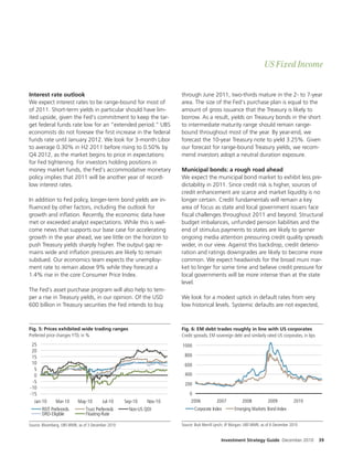 US Fixed Income


Interest rate outlook                                                  through June 2011, two-thirds mature in the 2- to 7-year
We expect interest rates to be range-bound for most of                 area. The size of the Fed’s purchase plan is equal to the
of 2011. Short-term yields in particular should have lim-              amount of gross issuance that the Treasury is likely to
ited upside, given the Fed’s commitment to keep the tar-               borrow. As a result, yields on Treasury bonds in the short
get federal funds rate low for an “extended period.” UBS               to intermediate maturity range should remain range-
economists do not foresee the rst increase in the federal              bound throughout most of the year. By year-end, we
funds rate until January 2012. We look for 3-month Libor               forecast the 10-year Treasury note to yield 3.25%. Given
to average 0.30% in H2 2011 before rising to 0.50% by                  our forecast for range-bound Treasury yields, we recom-
Q4 2012, as the market begins to price in expectations                 mend investors adopt a neutral duration exposure.
for Fed tightening. For investors holding positions in
money market funds, the Fed’s accommodative monetary                   Municipal bonds: a rough road ahead
policy implies that 2011 will be another year of record-               We expect the municipal bond market to exhibit less pre-
low interest rates.                                                    dictability in 2011. Since credit risk is higher, sources of
                                                                       credit enhancement are scarce and market liquidity is no
In addition to Fed policy, longer-term bond yields are in-             longer certain. Credit fundamentals will remain a key
  uenced by other factors, including the outlook for                   area of focus as state and local government issuers face
growth and in ation. Recently, the economic data have                    scal challenges throughout 2011 and beyond. Structural
met or exceeded analyst expectations. While this is wel-               budget imbalances, unfunded pension liabilities and the
come news that supports our base case for accelerating                 end of stimulus payments to states are likely to garner
growth in the year ahead, we see little on the horizon to              ongoing media attention pressuring credit quality spreads
push Treasury yields sharply higher. The output gap re-                wider, in our view. Against this backdrop, credit deterio-
mains wide and in ation pressures are likely to remain                 ration and ratings downgrades are likely to become more
subdued. Our economics team expects the unemploy-                      common. We expect headwinds for the broad muni mar-
ment rate to remain above 9% while they forecast a                     ket to linger for some time and believe credit pressure for
1.4% rise in the core Consumer Price Index.                            local governments will be more intense than at the state
                                                                       level.
The Fed’s asset purchase program will also help to tem-
per a rise in Treasury yields, in our opinion. Of the USD              We look for a modest uptick in default rates from very
600 billion in Treasury securities the Fed intends to buy              low historical levels. Systemic defaults are not expected,



Fig. 5: Prices exhibited wide trading ranges                           Fig. 6: EM debt trades roughly in line with US corporates
Preferred price changes YTD, in %                                      Credit spreads, EM sovereign debt and similarly rated US corporates, in bps
 25                                                                    1000
 20
 15                                                                     800
 10                                                                     600
  5
  0                                                                     400
 -5                                                                     200
-10
-15                                                                        0
  Jan-10       Mar-10      May-10        Jul-10     Sep-10    Nov-10        2006           2007           2008           2009           2010
       REIT Preferreds          Trust Preferreds      Non-US QDI              Corporate Index         Emerging Markets Bond Index
       DRD-Eligible             Floating-Rate

Source: Bloomberg, UBS WMR, as of 3 December 2010                      Source: BoA Merrill Lynch; JP Morgan; UBS WMR, as of 6 December 2010


                                                                                              Investment Strategy Guide December 2010                39
 