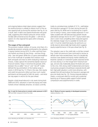 Focus


and ongoing balance sheet repair process suggest that                trade at a price/earnings multiple of 12.7x – well below
the world economy is unlikely to reduce much of the ex-              the long-term average of 15x seen during the past 20
cess capacity built up during the recession (see Fig. 6). As         years (see Fig. 8). While we’re not looking for a signi -
a result, slack in labor and capital should ease only grad-          cant re-rating in stocks, some modest expansion in mul-
ually, suggesting that in ation pressures remain excep-              tiples coupled with still solid earnings growth should
tionally well-contained across the globe — with the ex-              yield above-average returns for 2011. Equity market valu-
ception of a few regional hot spots within emerging                  ation is even more compelling when measured against
markets.                                                             the relatively meager returns available for bonds and
                                                                     cash. It must be noted that equity risk premiums cur-
The wages of fear and greed                                          rently stand at abnormally high levels which suggests
The economic outlook matters, of course, since fears of a            equity outperformance in the year ahead (see Fig. 9).
double-dip recession certainly contributed to the setbacks
in equity markets during 2010. It’s o en said that nan-              The valuation case on the credit side is a bit less compel-
cial markets are driven by two things – and two things               ling. Credit risk premiums have continued to narrow as
only – fear and greed. While this is a gross oversimpli ca-          default rates have trended lower, fears of a double-dip
tion of the multitude of variables that investors must               recession have abated and equity market volatility has
both anticipate and react to when evaluating investment              lessened. Spreads on investment grade corporate bonds
choices, it does capture the sometimes bipolar nature of             are now closing in on their longer-term historical aver-
  nancial markets. Keep in mind that the periodic shi s              age, and are only moderately above the levels seen prior
between the so-called “risk on” and “risk o ” trades                 to the crisis. Still, strong credit fundamentals and improv-
de ned the top and bottom of the trading range in                    ing business prospects should leave corporate bonds well
stocks in 2010 (see Fig. 7). If that is the case, then equity        bid. High-yield valuation is a bit more attractive, with
and credit risk premiums re ect just how much market                 spreads that still stand above the long-term average and
participants are being paid to hold risk assets – and what           pre-crisis levels (see Fig. 10). Strong corporate balance
we may expect in returns for the year ahead.                         sheets, a continued need for income and a potential
                                                                     backing up of Treasury yields support further spread
Despite a fairly broad rebound in risk assets during both            compression and outperformance in credit.
2009 and 2010, valuations in both the equity and credit
markets remain relatively attractive. US stocks currently



Fig. 5: Look for home prices to remain under pressure in 2011        Fig. 6: Plenty of excess capacity in developed economies
S&P/Case-Shiller Composite 20 Home Price Index                       Capacity Utilization, in %

 225                                                                 90

                                                                     85
 200
                                                                     80
 175                                                                 75

 150                                                                 70

                                                                     65
 125                                                                   1986     1990           1994       1998        2002        2006   2010
    2006          2007         2008          2009      2010   2011        EU Capacity Utilization       US Capacity Utilization


Source: Bloomberg and UBS WMR, as of 6 December 2010                 Source: Bloomberg, UBS WMR, as of 6 December 2010


6   2011 Outlook
 