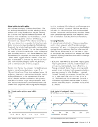 Focus


More bullish but with a bias                                             tunity to time those shi s to bene t most from near-term
Although we are moving to extend our preference for                      volatility or strength in markets. Therefore, we will only
risk assets by overweighting equities, we recognize that                 indicate a short-term bias signal in circumstances when
there is room for a pullback early in the year following                 we have a reasonable conviction that a near-term market
the sharp run-up in equities since early November. We                    move is forthcoming that di ers from the general direc-
therefore have introduced a new feature to our tactical                  tion of our tactical asset allocation recommendations.
asset allocation guidance which we refer to as our
“short-term bias indicator.” This indicator is intended to               Gauging the risks
o er some shorter-term perspective for those looking to                  As we’ve already noted, neither the economic outlook
better time market entry and exit points. Not to be con-                 nor the return prospects within nancial markets are
fused with the technical trading discipline maintained by                without risk. So spots in the expansion and pullbacks in
our Chief Technical Strategist, Peter Lee, these indicators              equity and credit markets are therefore to be expected
are meant to simply complement the longer fundamental                    along the way. While many factors may have an impact
view embedded within our tactical asset allocation (TAA)                 on both growth and market returns, we view the follow-
recommendations. At present, the short-term indicator is                 ing issues as posing some of the more serious challenges
“mixed” which suggests there is a risk of a 5-10% pull-                  in the year ahead:
back in stocks early in 2011 (see Figs. 11 and 12). Those
who are more sensitive to price points may, therefore,                   • Eurozone crisis: Although the EU/IMF aid package to
wish to use this indicator for timing purposes.                            help recapitalize Irish banks has eased immediate con-
                                                                           cerns over eurozone debt, the issue will continue to
Keep in mind that our TAA views are intended to provide                      are up periodically during the year. Sovereign credit
guidance over a horizon that spans a longer (9- to                         spreads remain at elevated levels, suggesting that pres-
12-month) time frame. These views are based on our risk                    sures are mounting for other EU players – especially
and return expectations over this more extended horizon,                   Portugal. That said, concerns over the need for a bail-
and should therefore be the primary driver of tactical                     out of Spain, clearly the most important of the “at
shi s. It remains our view that investors seek guidance                    risk” countries in the EU, are overblown. The scale of
over periods that span longer than just a month. How-                      Spain’s banking problems is not as severe as Ireland’s,
ever, we also realize that the commitment of new funds                     and the state of scal de cit is nowhere near as acute
and the need for periodic rebalancing a ords the oppor-                    as Greece’s.



Fig. 7: Stocks trading within a range in 2010                            Fig. 8: Stocks’ P/E moderately cheap
S&P 500                                                                  S&P 500 P/E ratio based on 12-month forward consensus earnings

1250                                                                     25

1200
                                                                         20

1150
                                                                         15
1100
                                                                         10
1050
                                                                          5
1000                                                                       1991        1995            1999          2003       2007       2011
    Jan-10      Mar-10      May-10       Jul-10        Sep-10   Nov-10        S&P 500 P/E          Average

Source: Bloomberg and UBS WMR, as of 6 December 2010                     Source: Bloomberg and UBS WMR, as of 6 December 2010


                                                                                                Investment Strategy Guide December 2010           7
 