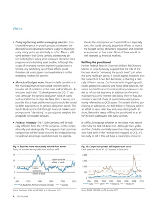 Focus


• Policy tightening within emerging markets: Con-                                    Should the atmosphere on Capitol Hill turn especially
  tinued divergence in growth prospects between the                                  toxic, this could seriously jeopardize e orts to reduce
  developing and developed nations suggests that mon-                                the budget de cit, streamline regulation and promote
  etary policy paths are also likely to di er. There is still                        an expansion in free trade. None of these would be
  some concern that China (among others) may be                                      well received by nancial markets.
  forced to tighten policy amid increased domestic price
  pressures and a building asset bubble. Although the                              ReÎlling the punchbowl
  scope of emerging markets tightening operations is                               Former Federal Reserve Chairman William McChesney
  limited, any ratcheting up of these e orts could                                 Martin, Jr. once famously quipped that the role of the
  threaten risk assets given continued reliance on the                             Fed was akin to “removing the punch bowl” just when
  emerging markets for growth.                                                     the party really got going. It would appear, however, that
                                                                                   the current Fed Chair, Ben Bernanke, is charting a radi-
• Municipal budget woes: Recent volatile conditions in                             cally di erent course. Confronted with sluggish growth,
  the municipal market have raised concerns over a                                 excess productive capacity and heavy debt balances, Ber-
  broader set of problems at the state and local levels. As                        nanke has had to resort to extraordinary measures in or-
  we point out in the “15 developments for 2011” sec-                              der to re ate the economy. In addition to e ectively
  tion, although the general obligation debt of states                             maintaining a zero-interest rate policy, the Fed has also
  such as California or cities like New York is secure, it is                      initiated a second phase of quantitative easing (com-
  possible that a high pro le municipality could be forced                         monly referred to as QE2) assets. This entails the Fed pur-
  to defer payments on its general obligation bonds. This                          chasing an additional USD 600 billion in Treasury debt in
  would likely send a chill through nancial markets and                            an e ort to keep rates low and jump-start growth. In
  prompt some “de-risking” as participants weighed the                             short, Bernanke keeps re lling the punchbowl in an ef-
  prospects for broader defaults.                                                  fort to turn wall owers into party animals.

• Political missteps: The 112th Congress will be radi-                             It’s dif cult to gauge whether or not these most recent
  cally di erent from the 111th Congress – both compo-                             e orts by the Fed will bear fruit. Although bond yields
  sitionally and ideologically. This suggests that bipartisan                      and the US dollar are likely lower than they would other-
  compromise will be harder to come by and positioning                             wise have been if the Fed had not engaged in QE2, it’s
  for political advantage could dominate the agenda.                               too early to tell if this will have a meaningful impact in



Fig. 9: Equities more attractively valued than bonds                               Fig. 10: Corporate spreads still higher than usual
Equity risk premium (earnings yield minus real bond yield)                         Credit spreads on IG and HY US Corporates, in basis points

15                                                                                  2,000

                                                  Equities attractive
10                                                                                  1,500
                                                  relative to bonds
 5                                                                                  1,000
                         Equities
                         unattractive
 0                                                                                    500
                         relative to bonds

-5                                                                                      0
  1960          1970           1980            1990              2000       2010         1996    1998   2000         2002    2004   2006     2008   2010
                                                                                           US IG      US HY            Median IG      Median HY
         US Equity Risk Premium (Forward earnings)                average

Source: DataStream, Shiller and UBS WMR, as of 6 December 2010                     Source: BoAML, UBS WMR, as of 6 December 2010


8    2011 Outlook
 
