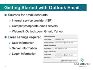 Getting Started with Outlook Email
 Sources for email accounts
 Internet service provider (ISP)
 Company/corporate email servers
 Webmail: Outlook.com, Gmail, Yahoo!
 Email settings required
 User information
 Server information
 Logon information
3
 