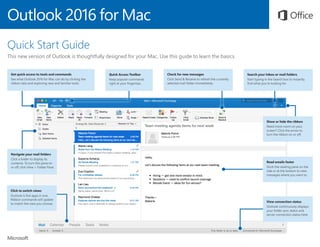 Outlook 2016 for Mac
Quick Start Guide
This new version of Outlook is thoughtfully designed for your Mac. Use this guide to learn the basics.
Get quick access to tools and commands
See what Outlook 2016 for Mac can do by clicking the
ribbon tabs and exploring new and familiar tools.
Show or hide the ribbon
Need more room on your
screen? Click the arrow to
turn the ribbon on or off.
Quick Access Toolbar
Keep popular commands
right at your fingertips.
Check for new messages
Click Send & Receive to refresh the currently
selected mail folder immediately.
Search your Inbox or mail folders
Start typing in the Search box to instantly
find what you’re looking for.
Navigate your mail folders
Click a folder to display its
contents. To turn this pane on
or off, click View > Folder Pane.
Click to switch views
Outlook is five apps in one.
Ribbon commands will update
to match the view you choose.
View connection status
Outlook continuously displays
your folder sync status and
server connection status here.
Read emails faster
Dock the reading pane on the
side or at the bottom to view
messages where you want to.
 