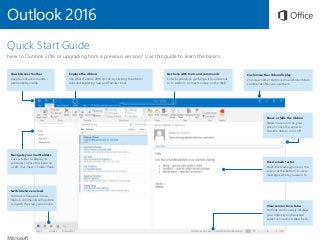 Outlook 2016
Quick Start Guide
New to Outlook 2016 or upgrading from a previous version? Use this guide to learn the basics.
Explore the ribbon
See what Outlook 2016 can do by clicking the ribbon
tabs and exploring new and familiar tools.
Quick Access Toolbar
Keep favorite commands
permanently visible.
Get help with tools and commands
Enter keywords to get help with commands
or to perform a Smart Lookup on the Web.
Customize the ribbon display
Choose whether Outlook should hide ribbon
commands after you use them.
Show or hide the ribbon
Need more room on your
screen? Click the arrow to
turn the ribbon on or off.
Navigate your mail folders
Click a folder to display its
contents. To turn this pane on
or off, click View > Folder Pane.
Switch between views
Outlook is five apps in one.
Ribbon commands will update
to match the view you choose.
View connection status
Outlook continuously displays
your folder sync status and
server connection status here.
Read emails faster
Dock the reading pane on the
side or at the bottom to view
messages where you want to.
 