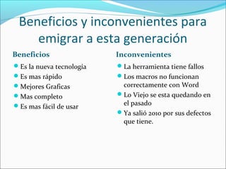 Beneficios y inconvenientes para
emigrar a esta generación
Beneficios Inconvenientes
Es la nueva tecnología
Es mas rápido
Mejores Graficas
Mas completo
Es mas fácil de usar
La herramienta tiene fallos
Los macros no funcionan
correctamente con Word
Lo Viejo se esta quedando en
el pasado
Ya salió 2010 por sus defectos
que tiene.
 