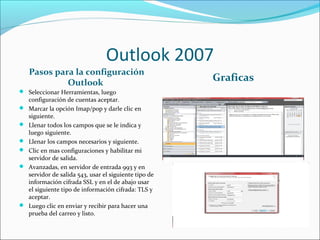 Outlook 2007
Pasos para la configuración
Outlook
Graficas
 Seleccionar Herramientas, luego
configuración de cuentas aceptar.
 Marcar la opción Imap/pop y darle clic en
siguiente.
 Llenar todos los campos que se le indica y
luego siguiente.
 Llenar los campos necesarios y siguiente.
 Clic en mas configuraciones y habilitar mi
servidor de salida.
 Avanzadas, en servidor de entrada 993 y en
servidor de salida 543, usar el siguiente tipo de
información cifrada SSL y en el de abajo usar
el siguiente tipo de información cifrada: TLS y
aceptar.
 Luego clic en enviar y recibir para hacer una
prueba del carreo y listo.
 