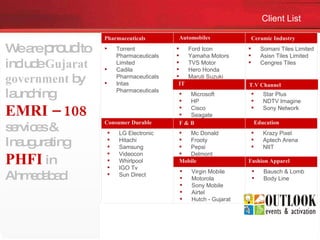 Pharmaceuticals Client List Torrent Pharmaceuticals Limited Cadila Pharmaceuticals  Intas Pharmaceuticals  Ford Icon Yamaha Motors TVS Motor Hero Honda Maruti Suzuki Automobiles Somani Tiles Limited Asisn Tiles Limited Cengres Tiles Ceramic Industry Consumer Durable LG Electronic Hitachi Samsung Videocon Whirlpool IGO Tv Sun Direct Mc Donald Frooty Pepsi Delmont F & B Krazy Pixel Aptech Arena NIIT Education Virgin Mobile Motorola Sony Mobile Airtel Hutch - Gujarat Mobile Bausch & Lomb Body Line Fashion Apparel We are  proud  to include  Gujarat government  by launching   EMRI – 108   services & Inaugurating   PHFI   in Ahmedabad Microsoft HP Cisco Seagate IT Star Plus NDTV Imagine Sony Network T.V Channel 