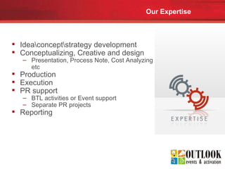 Our Expertise Idea\concept\strategy development Conceptualizing, Creative and design Presentation, Process Note, Cost Analyzing etc Production Execution PR support BTL activities or Event support Separate PR projects Reporting 