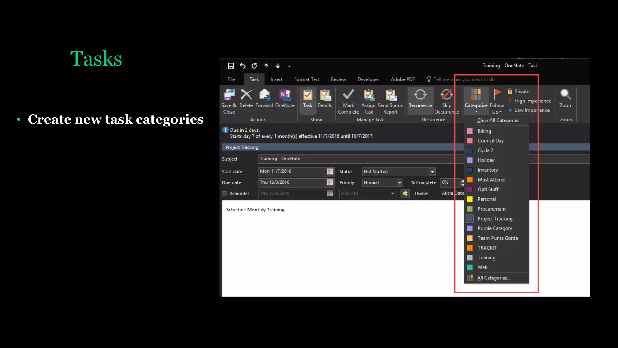 Tasks
• Create new task categories
 