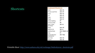 Shortcuts
Printable Sheet http://www.auburn.edu/oit/exchange/Outlook2010_shortcuts.pdf
 