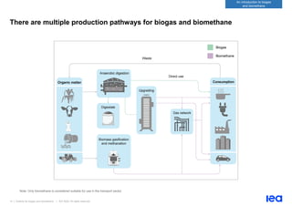 14 | Outlook for biogas and biomethane | IEA 2020. All rights reserved
An introduction to biogas
and biomethane
There are multiple production pathways for biogas and biomethane
Note: Only biomethane is considered suitable for use in the transport sector.
 