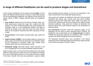 15 | Outlook for biogas and biomethane | IEA 2020. All rights reserved
An introduction to biogas
and biomethane
A range of different feedstocks can be used to produce biogas and biomethane
A wide variety of feedstocks can be used to produce biogas. For this
report, the different individual types of residue or waste were grouped
into four broad feedstock categories: crop residues; animal manure; the
organic fraction of MSW, including industrial waste; and wastewater
sludge.
• Crop residues: Residues from the harvest of wheat, maize, rice,
other coarse grains, sugar beet, sugar cane, soybean and other
oilseeds. This report included sequential crops, grown between two
harvested crops as a soil management solution that helps to
preserve the fertility of soil, retain soil carbon and avoid erosion;
these do not compete for agricultural land with crops grown for food
or feed.
• Animal manure: From livestock including cattle, pigs, poultry and
sheep.
• Organic fraction of MSW: Food and green waste (e.g. leaves and
grass), paper and cardboard and wood that is not otherwise utilised
(e.g. for composting or recycling). MSW1 also includes some
industrial waste from the food-processing industry.
• Wastewater sludge: Semi-solid organic matter recovered in the
form of sewage gas from municipal wastewater treatment plants.
Specific energy crops, i.e. low-cost and low-maintenance crops grown
solely for energy production rather than food, have played an important
part in the rise of biogas production in some parts of the world, notably
in Germany. However, they have also generated a vigorous debate
1 MSW can either feed a biodigester or be disposed in landfill to produce landfill gas.
about potential land-use impacts, so they are not considered in this
report’s assessment of the sustainable supply potential.
Using waste and residues as feedstocks avoids the land-use issues
associated with energy crops. Energy crops also require fertiliser
(typically produced from fossil fuels), which needs to be taken into
account when assessing the life-cycle emissions from different biogas
production pathways. Using waste and residues as feedstocks can
capture methane that could otherwise escape to the atmosphere as
they decompose.
Most biomethane production comes from upgrading biogas, so the
feedstocks are the same as those described above. However, the
gasification route to biomethane can use woody biomass (in addition
to MSW and agricultural residues) as a feedstock, which consists of
residues from forest management and wood processing.
The feedstocks described above were considered in this report’s
assessment of the sustainable biogas and biomethane supply potential,
and are further discussed in Section 3 below.
 