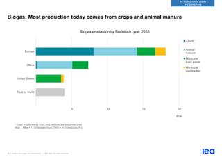 16 | Outlook for biogas and biomethane | IEA 2020. All rights reserved
An introduction to biogas
and biomethane
Biogas: Most production today comes from crops and animal manure
Biogas production by feedstock type, 2018
* Crops include energy crops, crop residues and sequential crops.
Note: 1 Mtoe = 11.63 terawatt-hours (TWh) = 41.9 petajoules (PJ).
5 10 15 20
Rest of world
United States
China
Europe
Mtoe
Crops*
Animal
manure
Municipal
solid waste
Municipal
wastewater
 